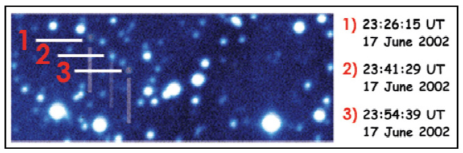 Sequenza di tre posizioni dell'asteroide 2002 MN catturata dall'Osservatorio Astronomico di Campo Imperatore
