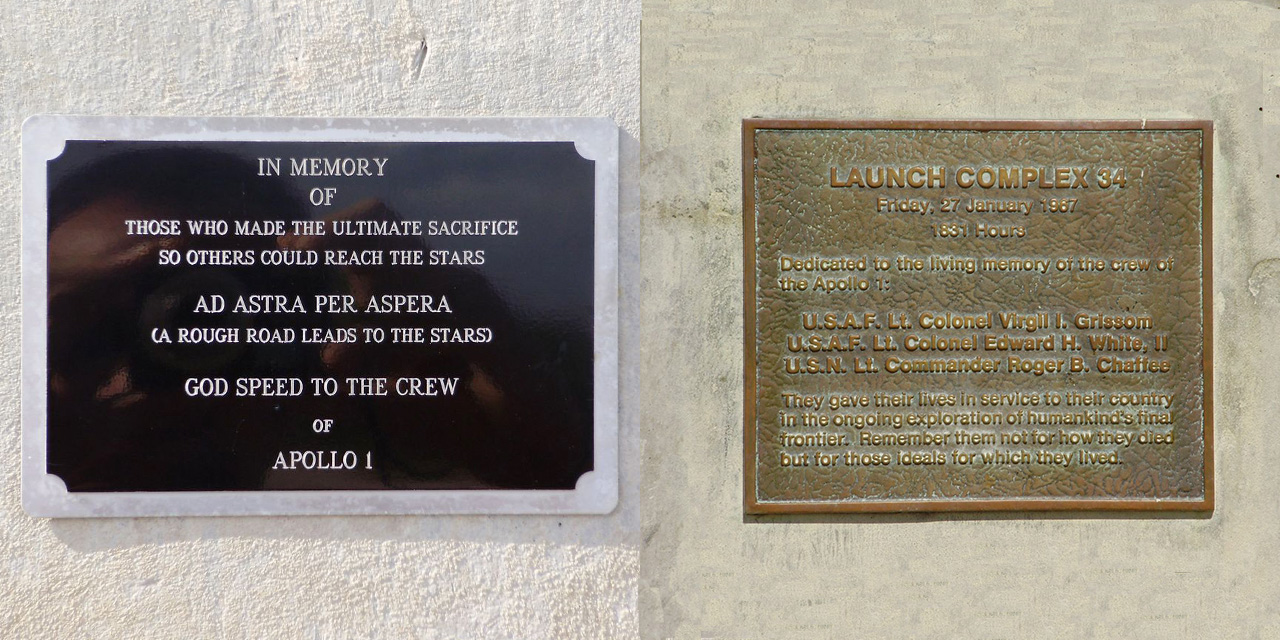 Le targhe commemorative dell'Apollo 1 alla base del complesso 34 di Cape Canaveral